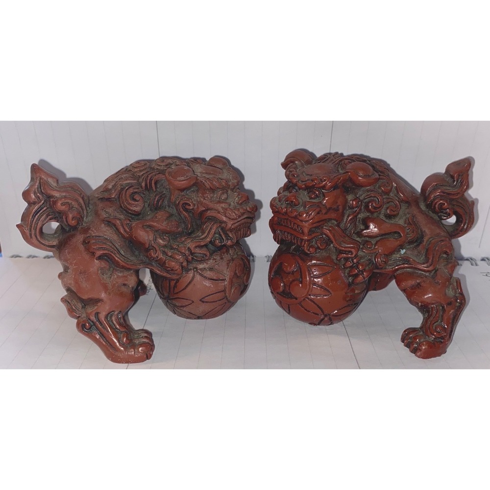 Vintage Red Foo Dog Figurines Pair Chinese Guardian Lions Statues 2.5 Inch